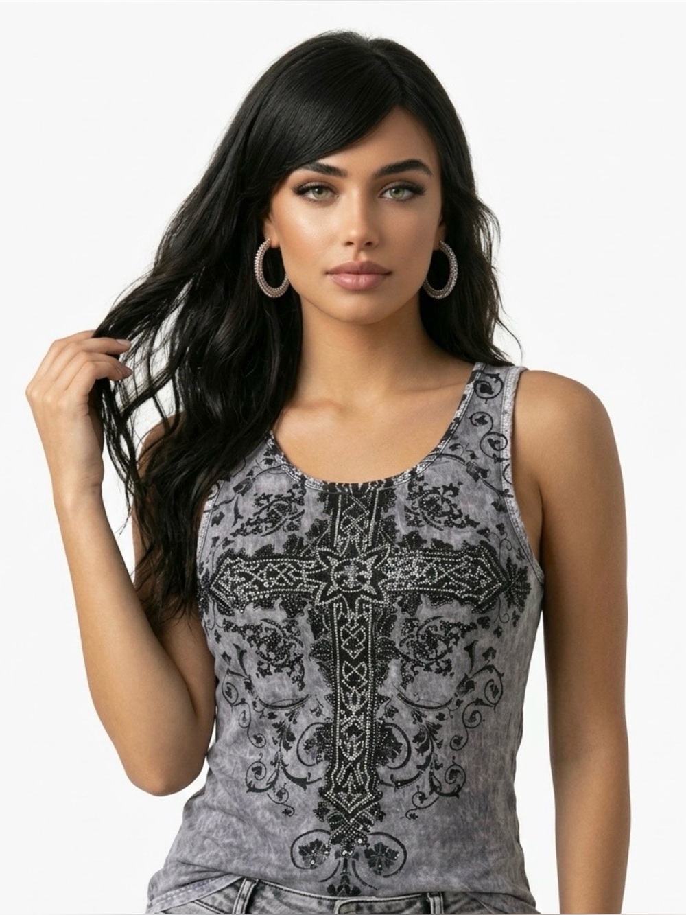 Gray Graphic Cross rhinestone Tank Top